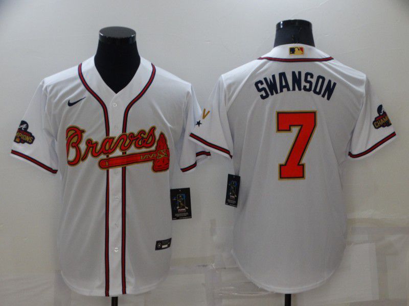 Men Atlanta Braves 7 Swanson White Gold Game Nike 2022 MLB Jersey